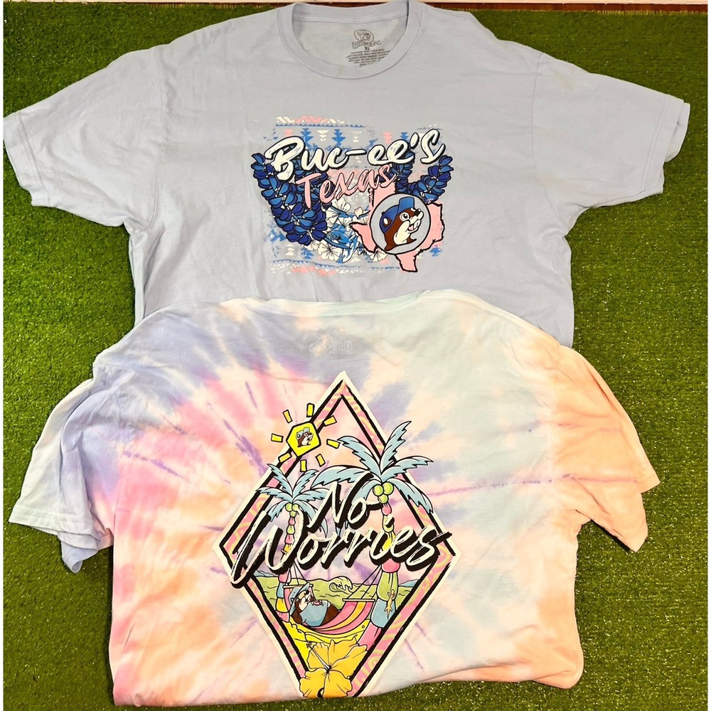 2 Buc-ees Womens T-shirt XL Beach Tie‎ Dye & Texas Bluebonnets Graphic Tee